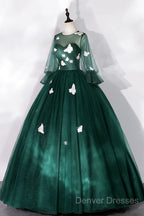 Dark Green Tulle Long Prom Dress, A-Line Long Sleeve Evening Party Dress With Butterfly Appliques