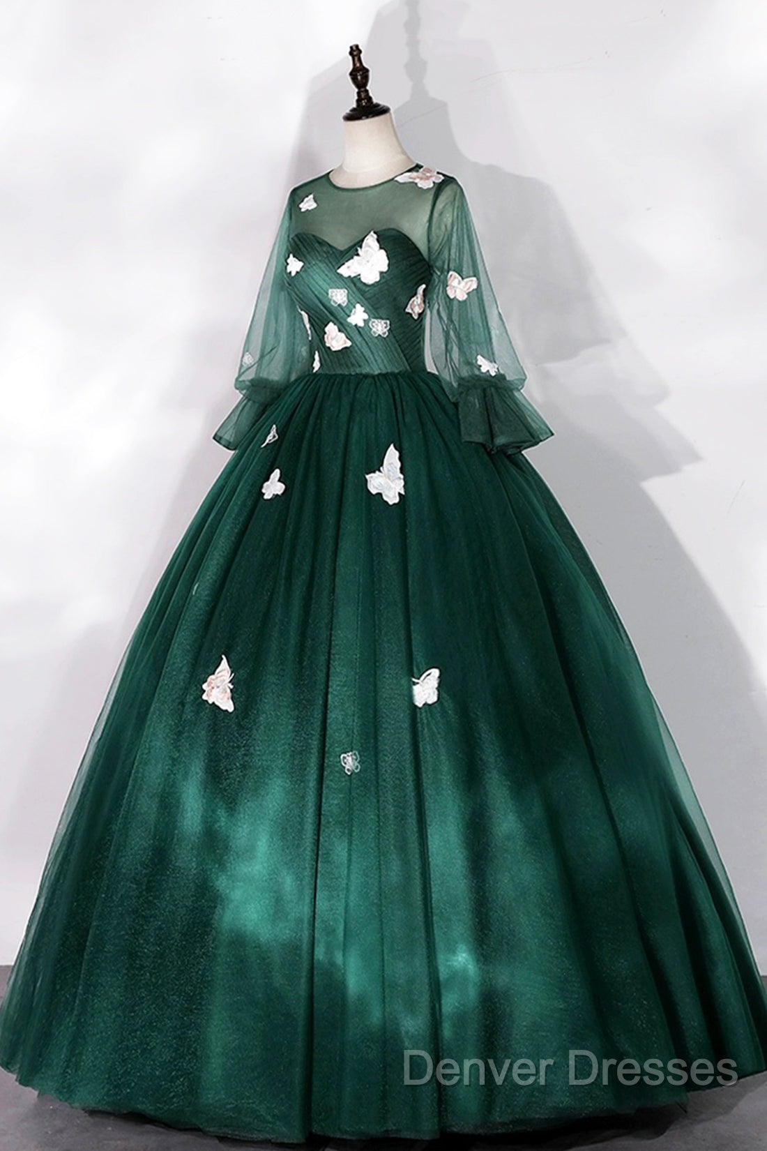 Dark Green Tulle Long Prom Dress, A-Line Long Sleeve Evening Party Dress With Butterfly Appliques