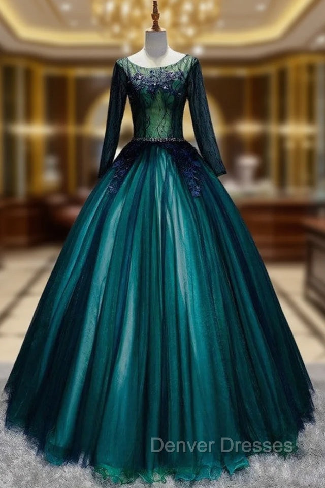 Dark Green Tulle Long Sleeve Appliques Quinceanera Dress