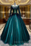 Dark Green Tulle Long Sleeve Appliques Quinceanera Dress