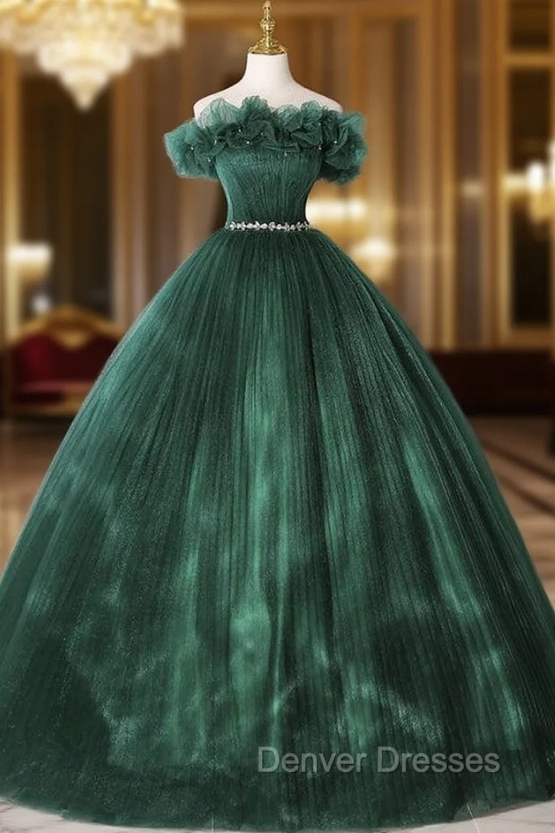 Dark Green Tulle Pleats Crystal Quinceanera Dress
