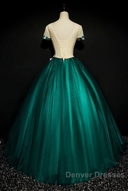 Dark Green Tulle Round Neckline Ball Gown Formal Dress, Quinceanera Dress