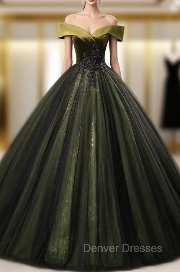 Dark Green Tulle Sequins Off the Shoulder Appliques Quinceanera Dress Main image