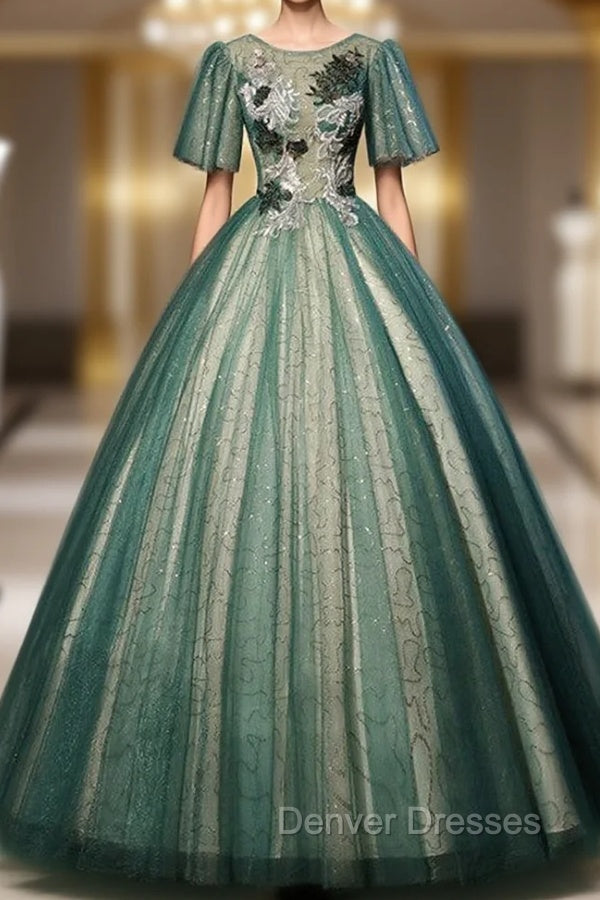 Dark Green Tulle Short Sleeve Appliques Quinceanera Dress