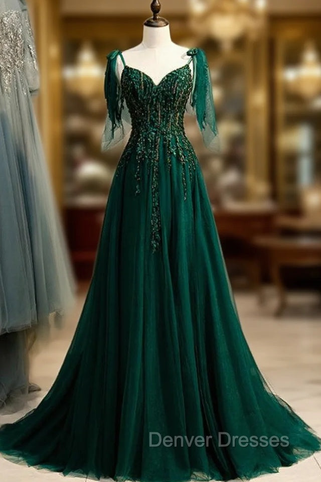 Dark Green Tulle Spaghetti Straps Beading Prom Dress Main image
