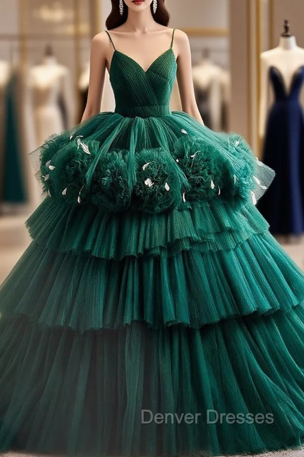 Dark Green Tulle Spaghetti Straps Tiers Quinceanera Dress Main image