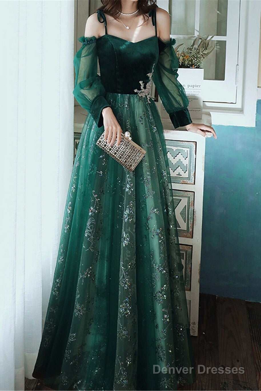 Dark Green Tulle Stunning Sequin Spaghetti Straps Prom Dress, Green Party Dress Secondary image