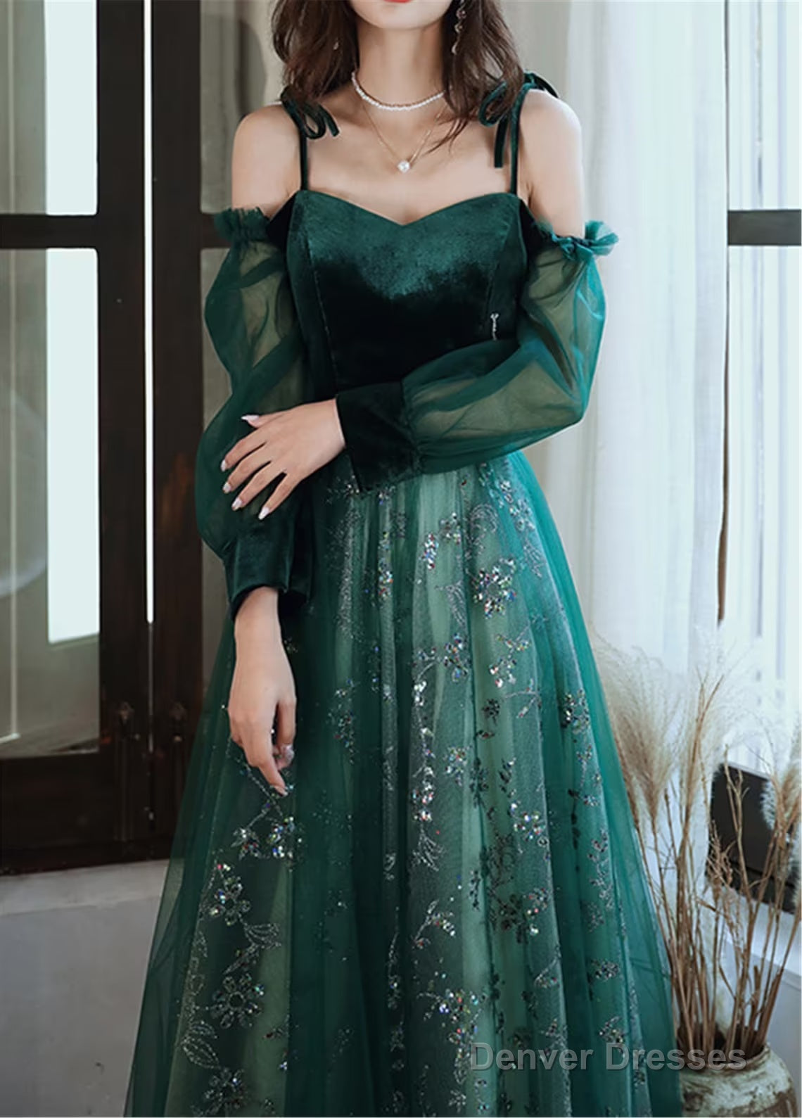 Dark Green Tulle Stunning Sequin Spaghetti Straps Prom Dress, Green Party Dress