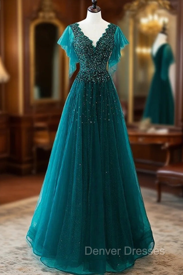 Dark Green Tulle V-neck Beading Prom Dress Main image