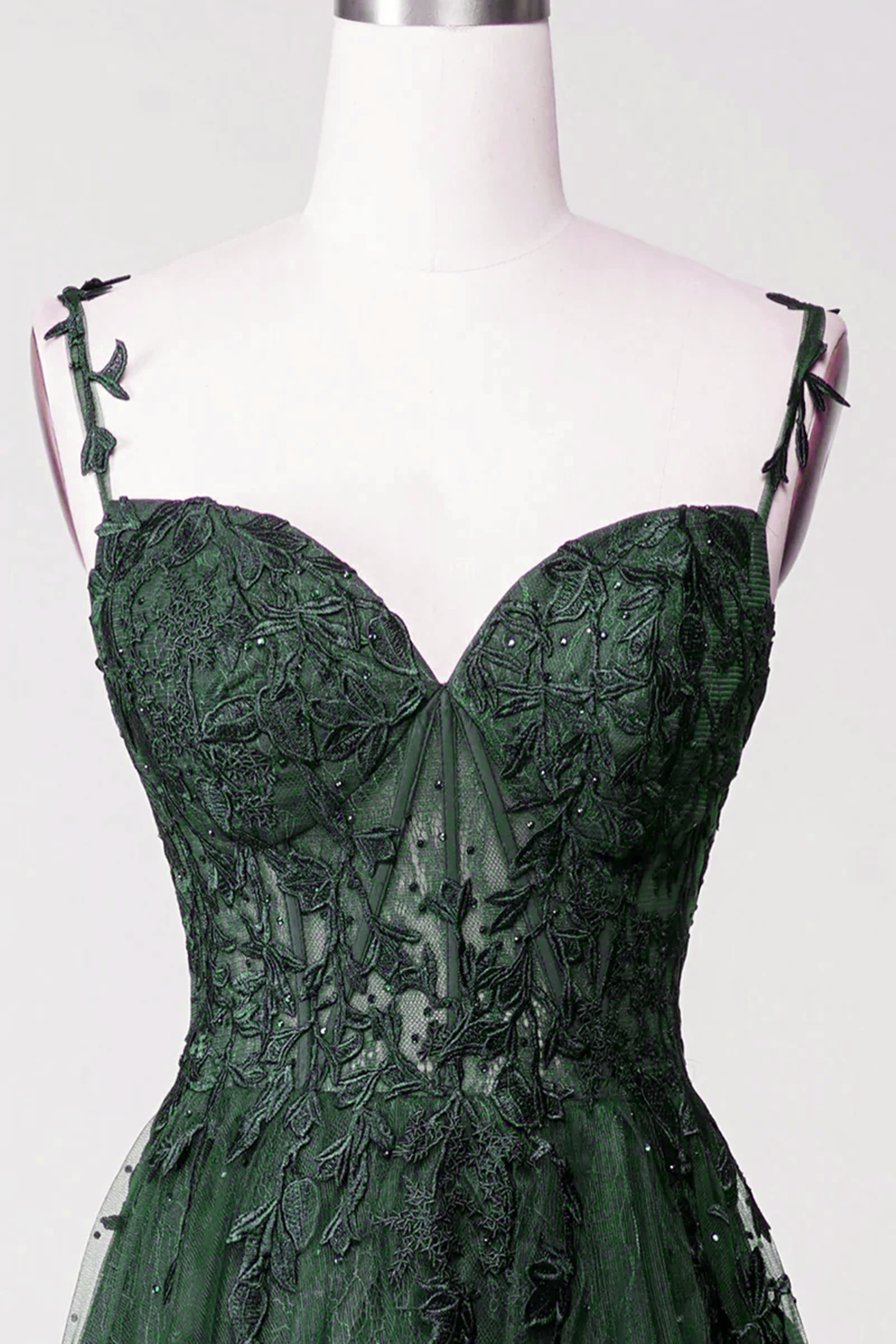 Dark Green Tulle With Lace Beaded Straps Prom Dress, Green Long Formal Dress Party Dress