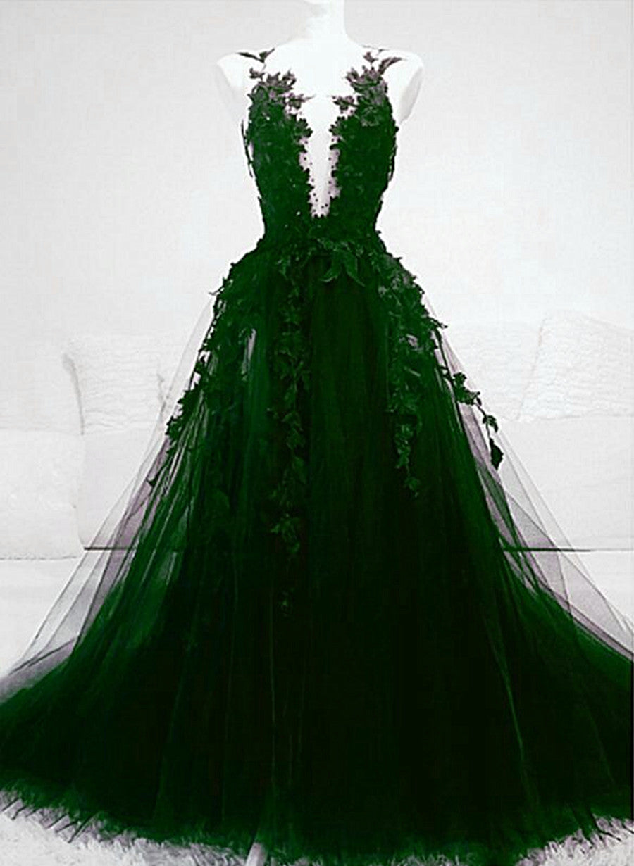 Dark Green Tulle With Lace Deep Neckline Backless Prom Dress, Dark Green Party Dress Main image