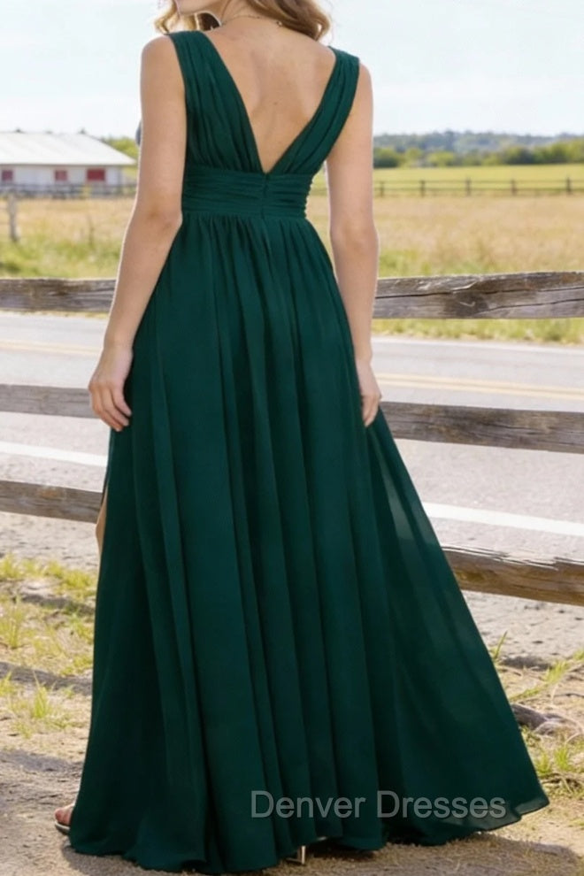 Dark Green V Neck Chiffon Floor Length Bridesmaid Dresses Long Bridesmaid Dress With Pleated Split Secondary image