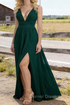 Dark Green V Neck Chiffon Floor Length Bridesmaid Dresses Long Bridesmaid Dress With Pleated Split