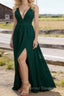 Dark Green V Neck Chiffon Floor Length Bridesmaid Dresses Long Bridesmaid Dress With Pleated Split
