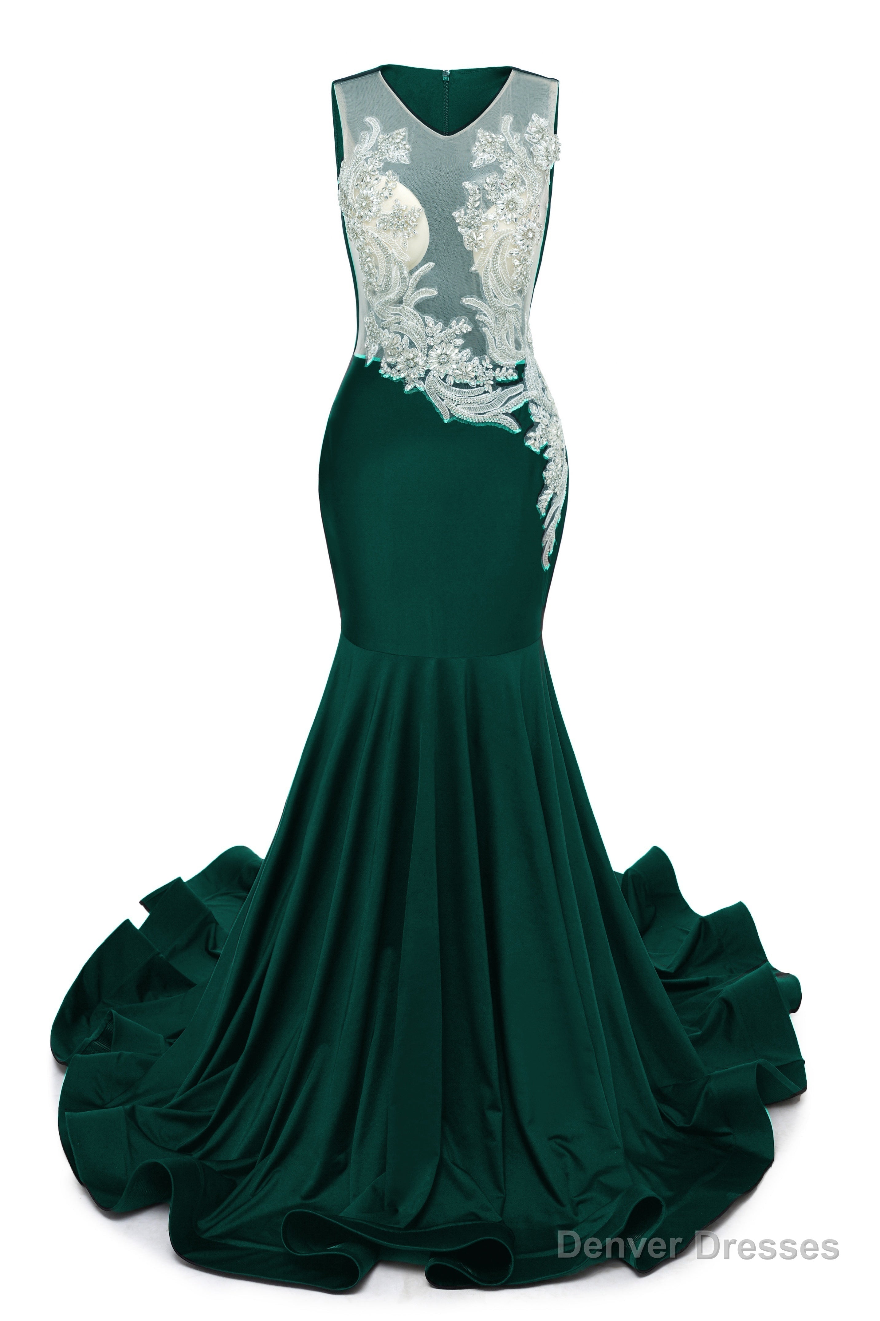 Dark Green V-Neck Sheer Corset Prom Dresses Beaded Mermaid Long Train Evening Gowns Secondary image