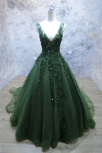 Dark Green V-Neckline Lace Applique Low Back Formal Dress, Green Tulle Prom Dress