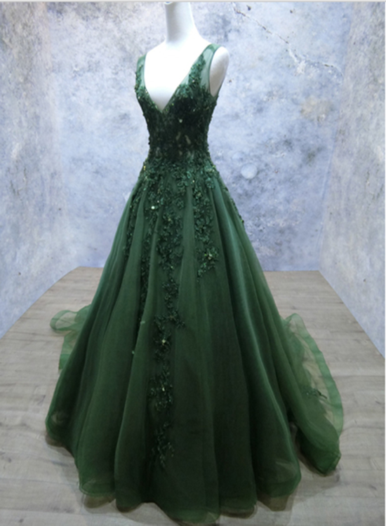 Dark Green V-Neckline Lace Applique Low Back Formal Dress, Green Tulle Prom Dress