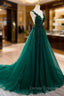 Dark Green V-neckline Lace Long Beaded Prom Dress, Dark Green Party Dress