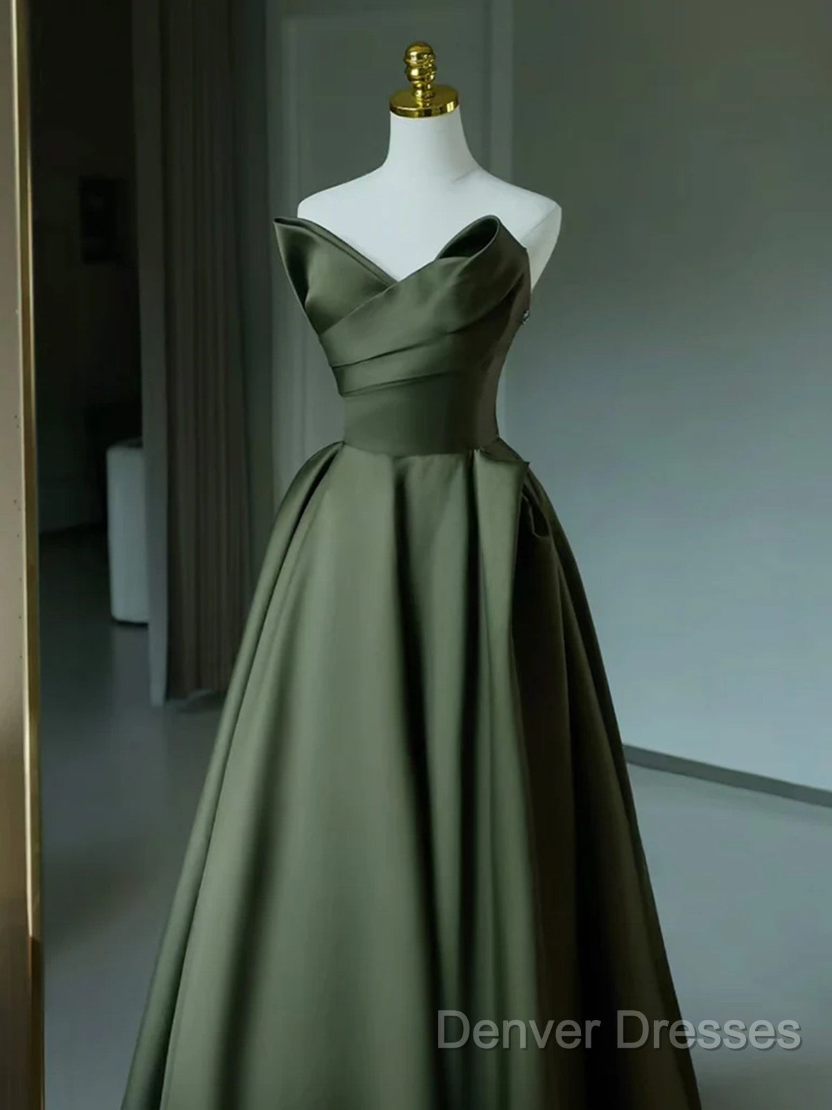 Dark Green V-Neckline Satin Long Prom Dress, Dark Green Party Dress Secondary image