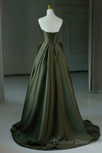 Dark Green V-Neckline Satin Long Prom Dress, Dark Green Party Dress