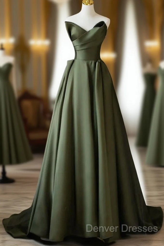 Dark Green V-Neckline Satin Long Prom Dress, Dark Green Party Dress Main image
