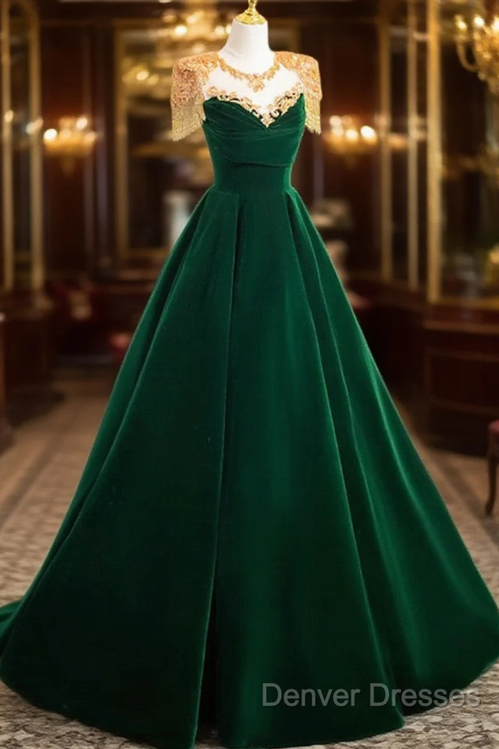 Dark Green Velvet A-Line Long Prom Dress, Dark Green Evening Party Dress Main image