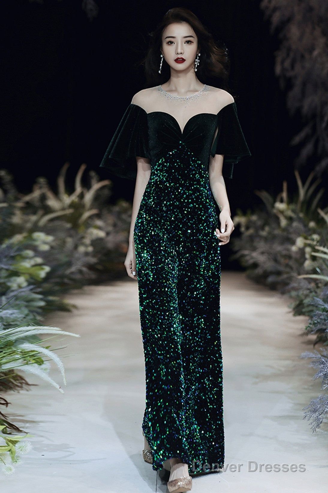 Dark Green Velvet And Sequins Mermaid Long Prom Dress, Dark Green Formal Dress