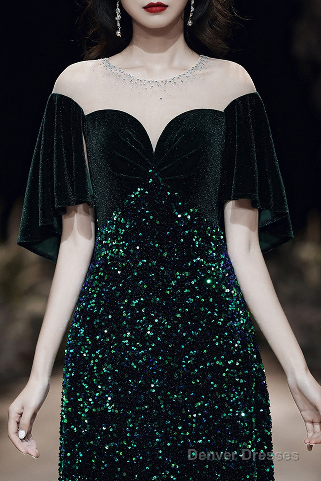 Dark Green Velvet And Sequins Mermaid Long Prom Dress, Dark Green Formal Dress