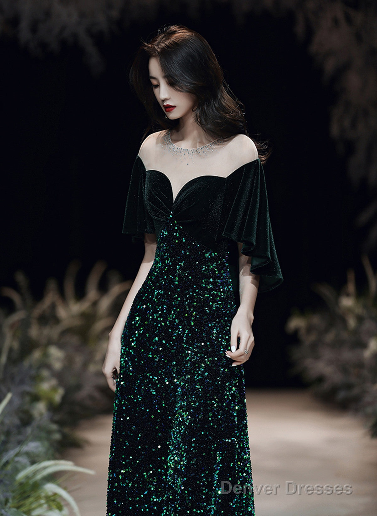 Dark Green Velvet And Sequins Mermaid Long Prom Dress, Dark Green Formal Dress