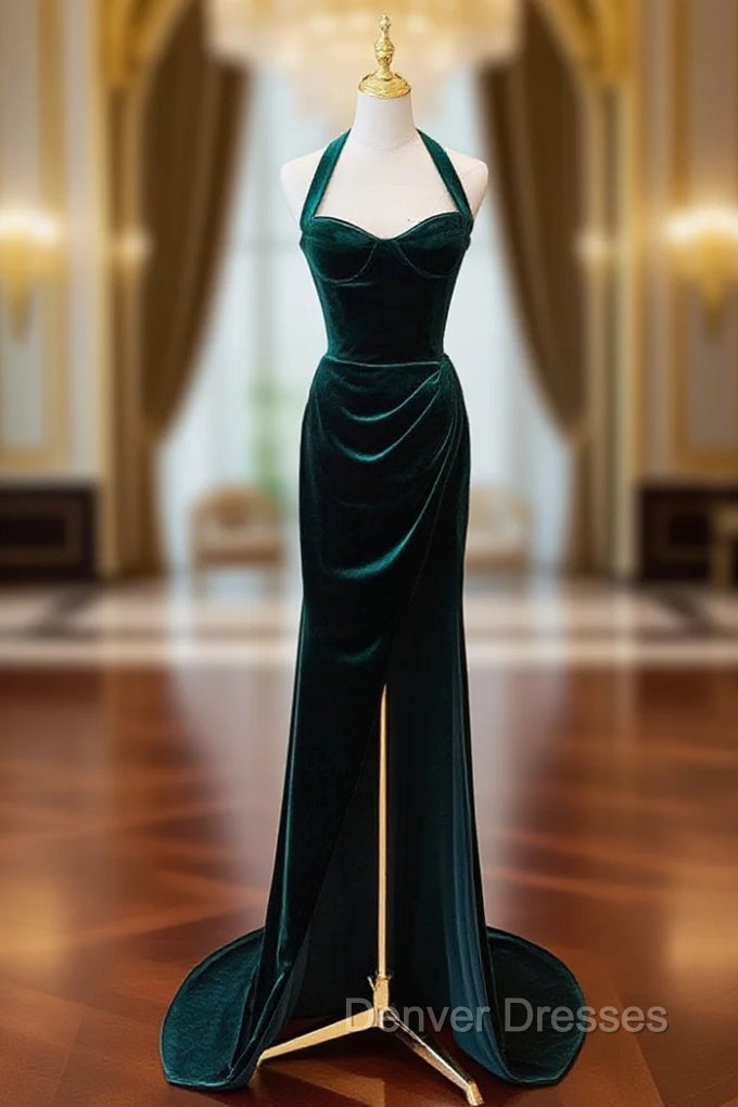 Dark Green Velvet Long Evening Dress Party Dress, A-line Green Bridesmaid Dress Main image