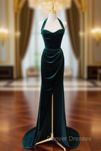 Dark Green Velvet Long Evening Dress Party Dress, A-line Green Bridesmaid Dress