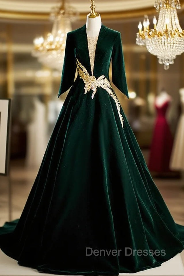 Dark Green Velvet Long Sleeve Appliques Prom Dress