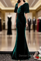 Dark Green Velvet Mermaid Slit V-neckline Formal Dress Party Dress, Long Evening Dress