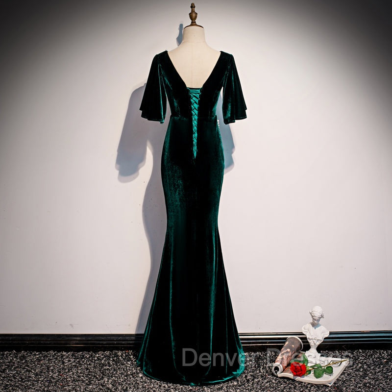 Dark Green Velvet Mermaid Slit V-neckline Formal Dress Party Dress, Long Evening Dress