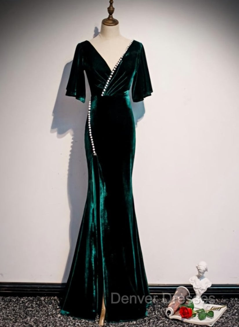 Dark Green Velvet Mermaid Slit V-neckline Formal Dress Party Dress, Long Evening Dress