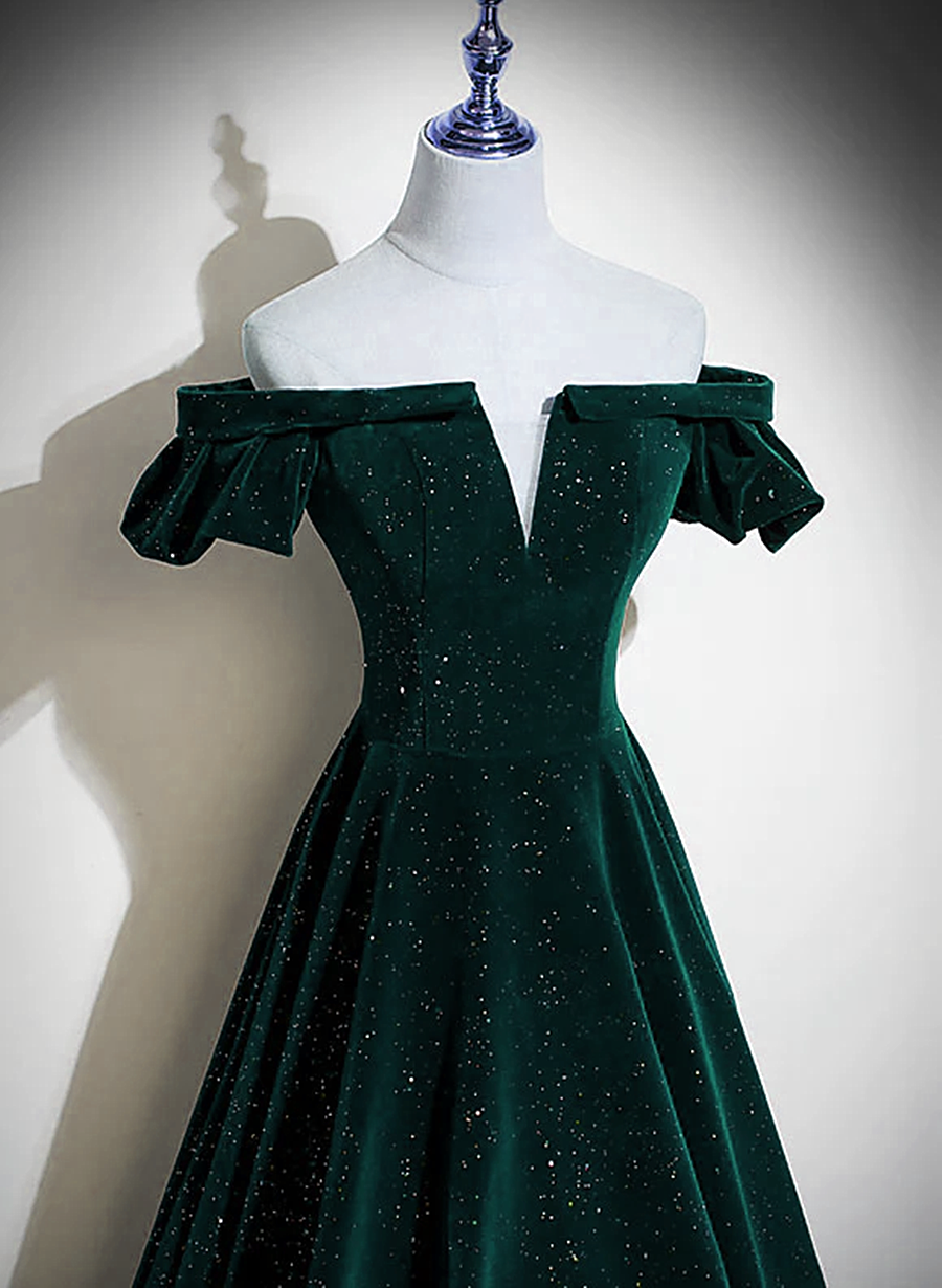 Dark Green Velvet Off Shoulder Long Party Dress, Green A-Line Prom Dress Secondary image