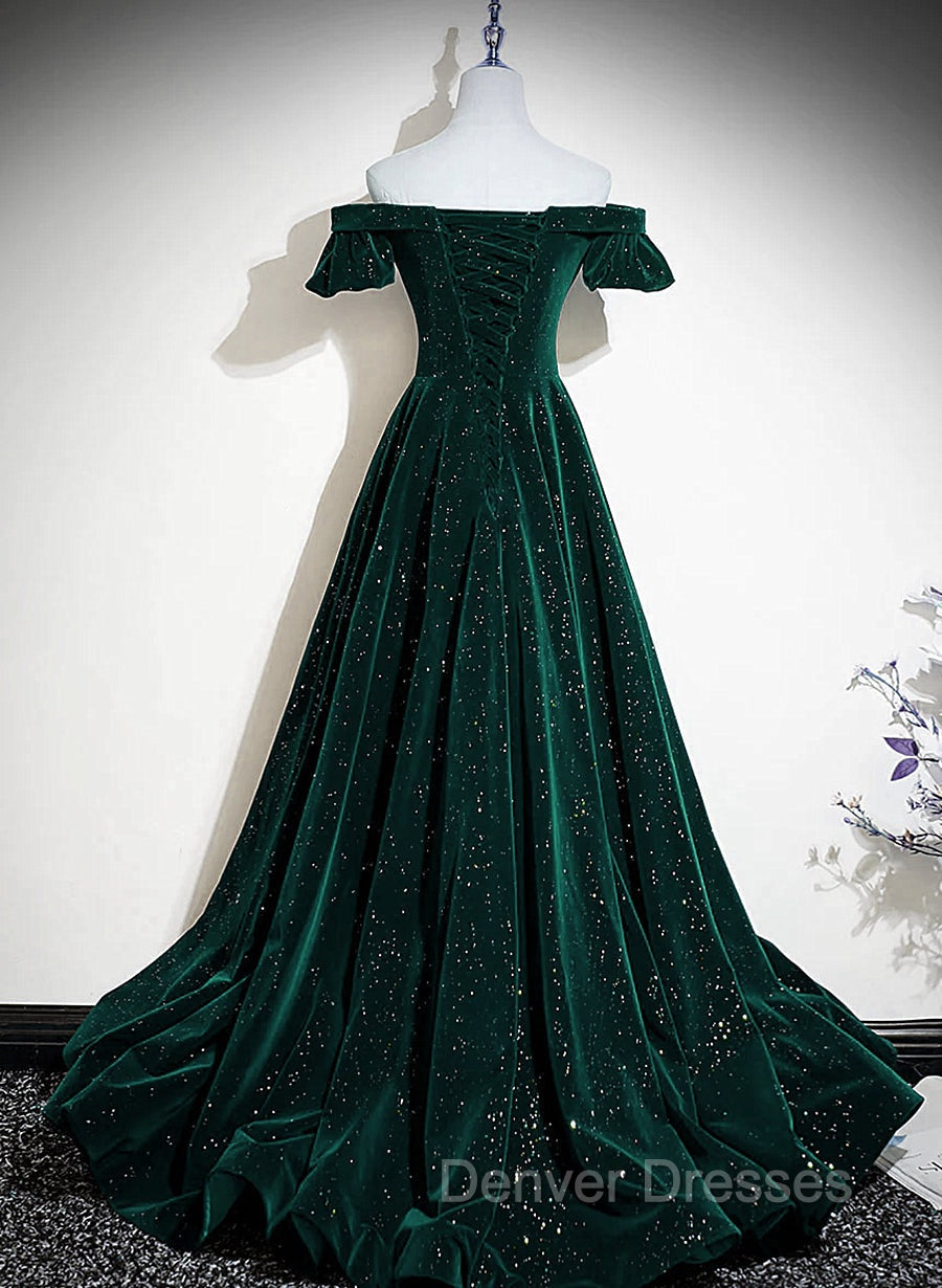 Dark Green Velvet Off Shoulder Long Party Dress, Green A-line Prom Dress Secondary image