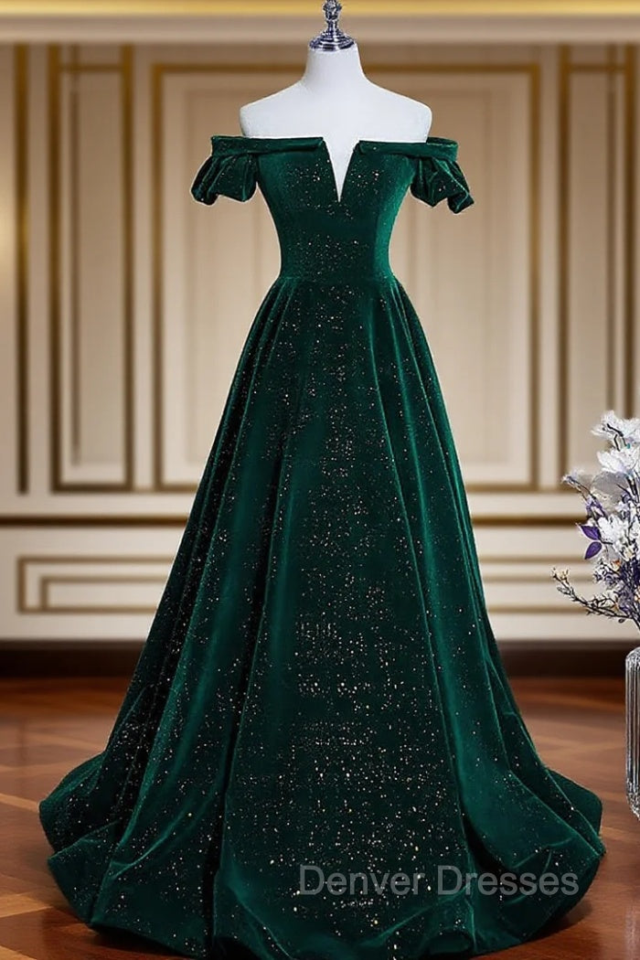 Dark Green Velvet Off Shoulder Long Party Dress, Green A-line Prom Dress Main image