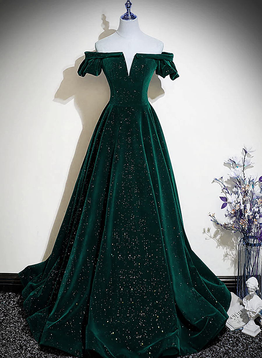 Dark Green Velvet Off Shoulder Long Party Dress, Green A-Line Prom Dress Main image