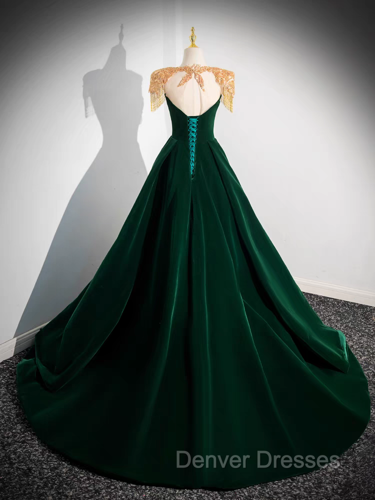 Dark Green Velvet Prom Dress Vintage Gold Beaded Neckline Evening Gown