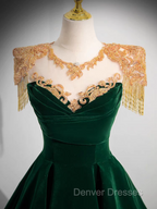 Dark Green Velvet Prom Dress Vintage Gold Beaded Neckline Evening Gown