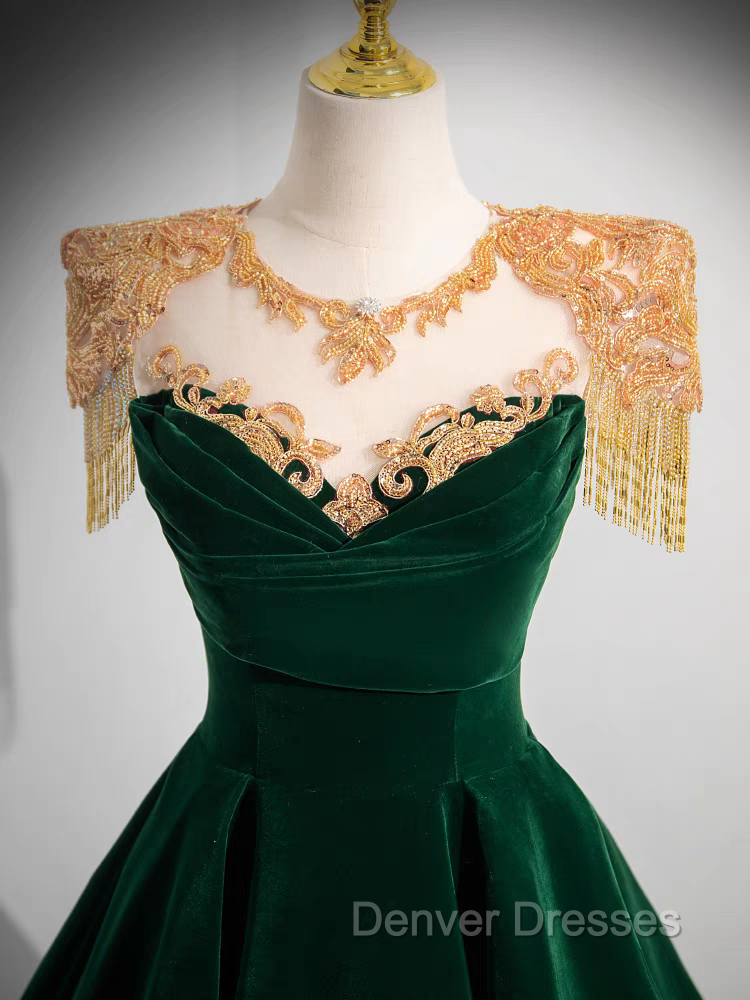 Dark Green Velvet Prom Dress Vintage Gold Beaded Neckline Evening Gown