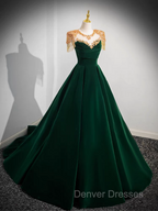 Dark Green Velvet Prom Dress Vintage Gold Beaded Neckline Evening Gown
