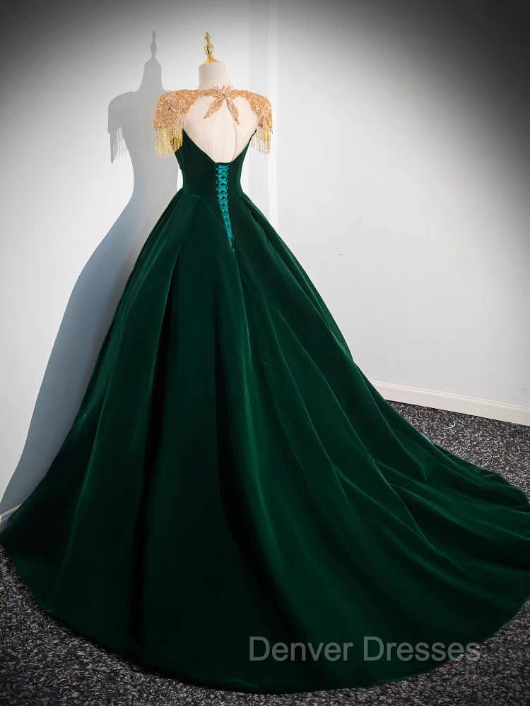 Dark Green Velvet Prom Dress Vintage Gold Beaded Neckline Evening Gown
