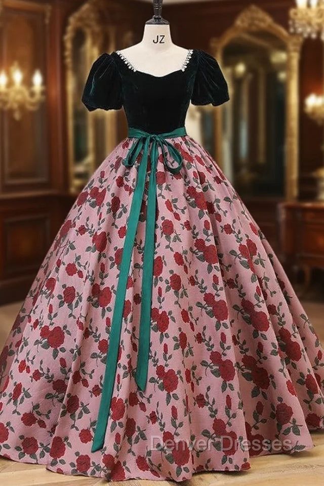 Dark Green Velvet Puff Sleeve Quinceanera Dress Main image