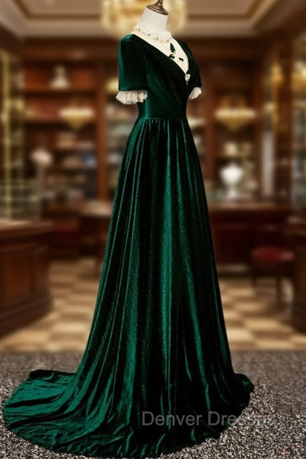 Dark Green Velvet Short Sleeves A-line Bridesmaid Dress, A-line Wedding Party Dress Prom Dress Secondary image