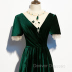 Dark Green Velvet Short Sleeves A-line Bridesmaid Dress, A-line Wedding Party Dress Prom Dress