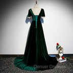 Dark Green Velvet Short Sleeves A-line Bridesmaid Dress, A-line Wedding Party Dress Prom Dress