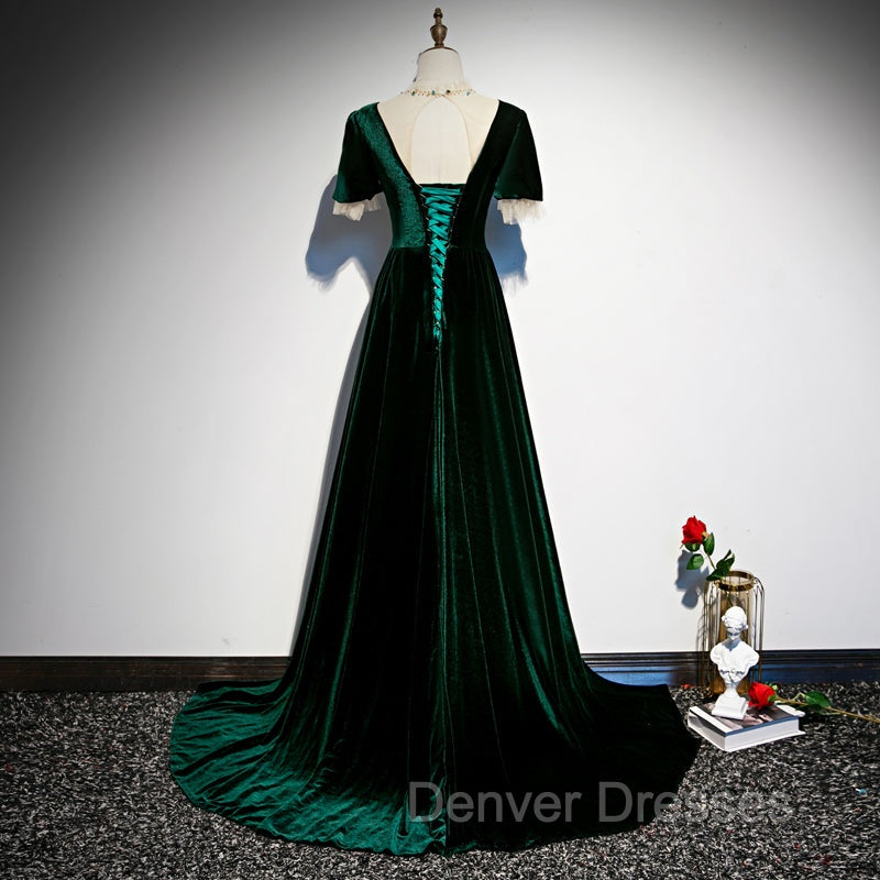 Dark Green Velvet Short Sleeves A-line Bridesmaid Dress, A-line Wedding Party Dress Prom Dress