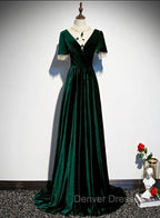 Dark Green Velvet Short Sleeves A-line Bridesmaid Dress, A-line Wedding Party Dress Prom Dress